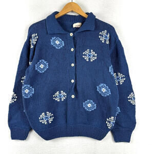 Vtg Mark Shale Women's Large Snowflake Blue Collared Knit Cardigan Cozy Grandma